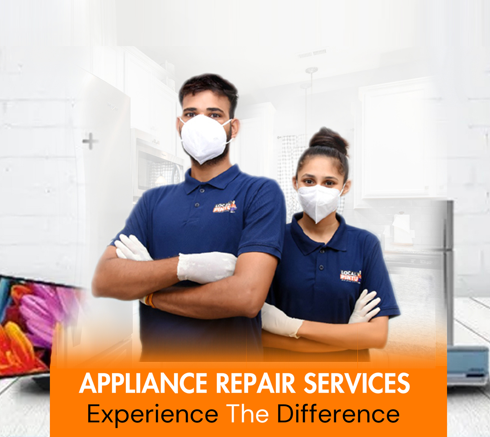 Advertisement for microwave repair service with technician working on appliance and contact details. 
