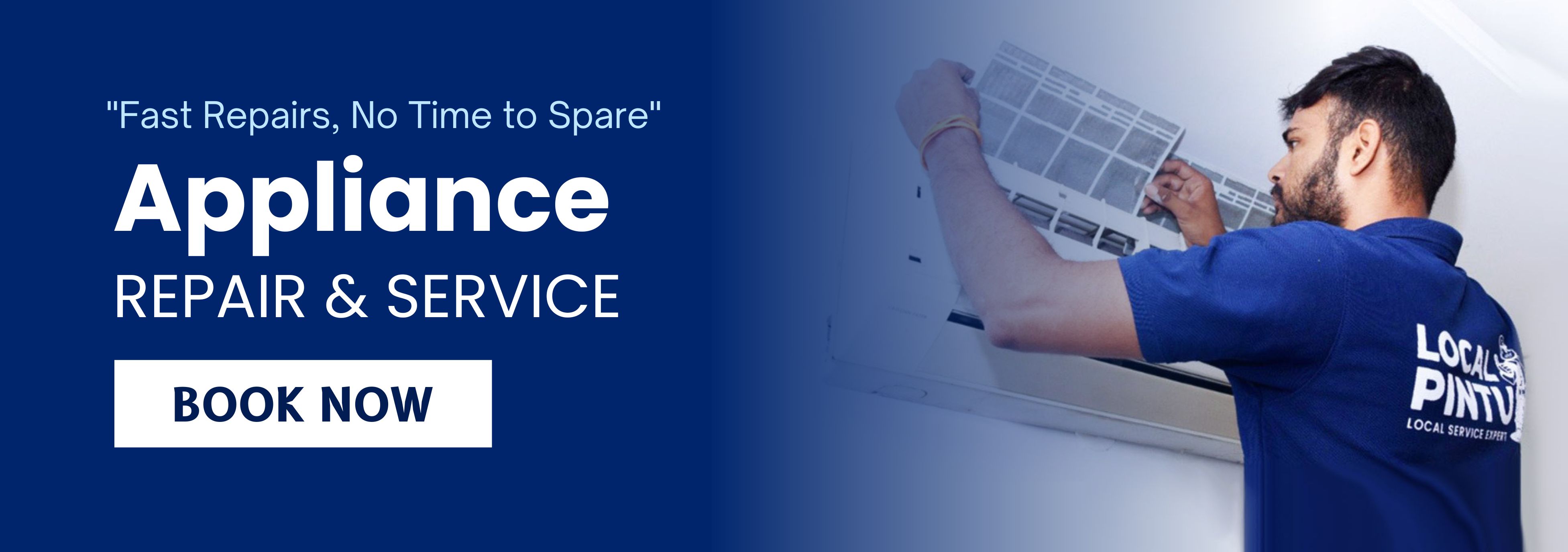 A technician in a blue shirt repairing an air conditioner with an 