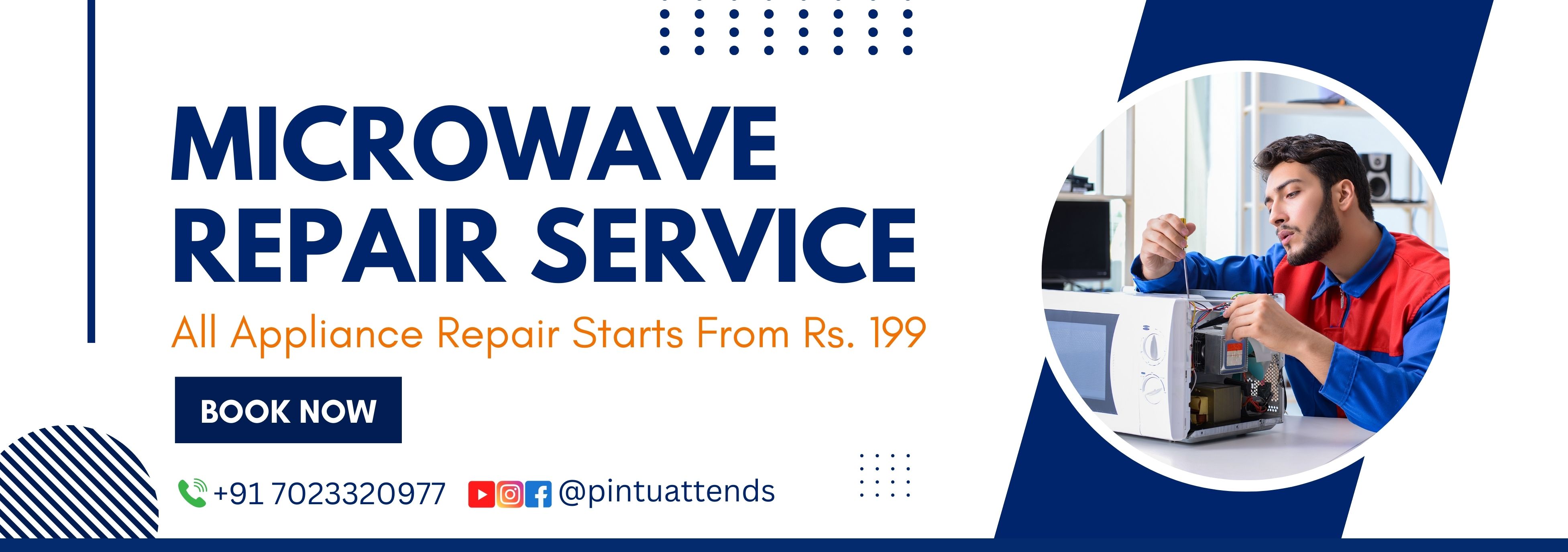 Advertisement for microwave repair service with technician working on appliance and contact details. 