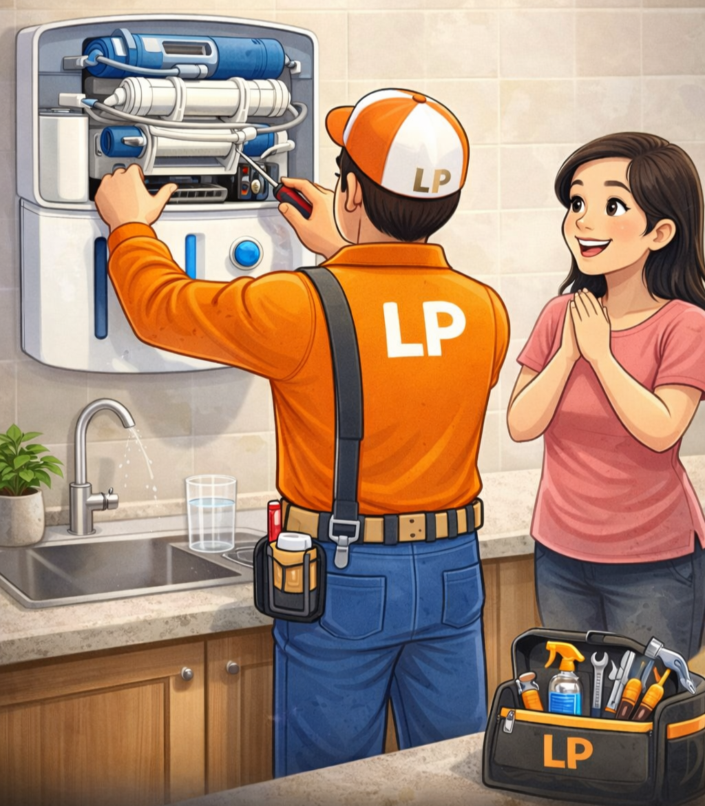 Advertisement for microwave repair service with technician working on appliance and contact details. 